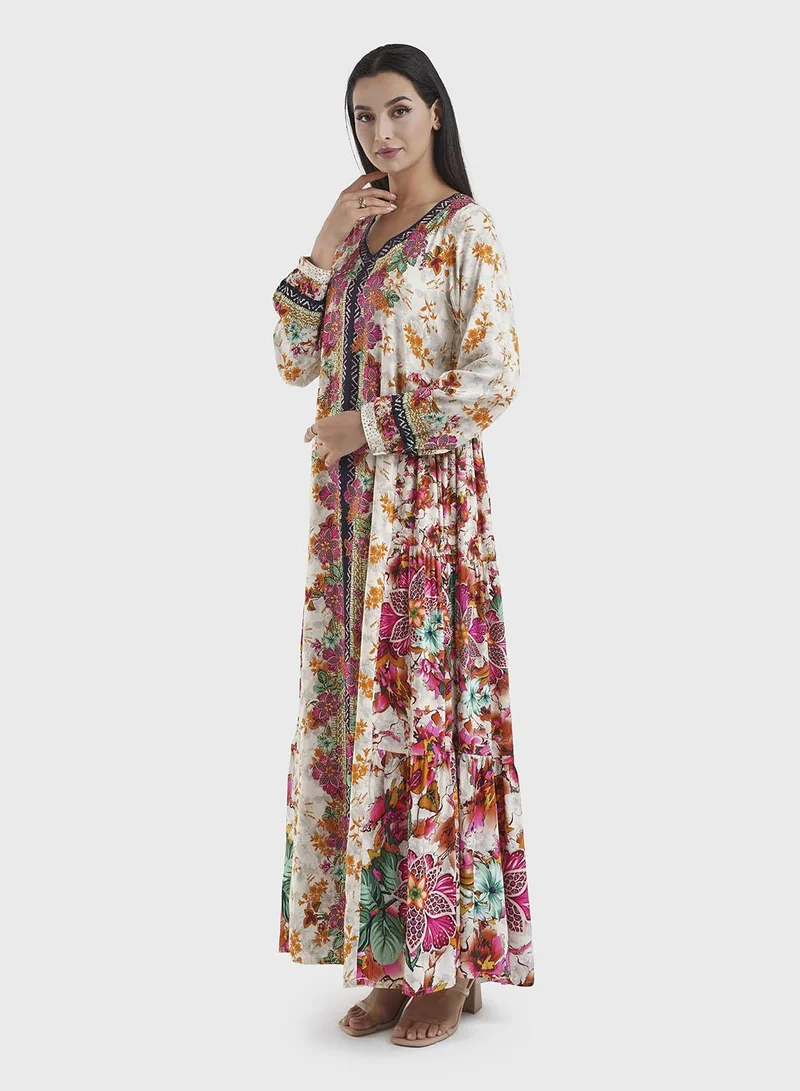 Kashkha  Viscose Beige Floral Tiered Jalabiya (VDU858) for Women | Best Price UAE