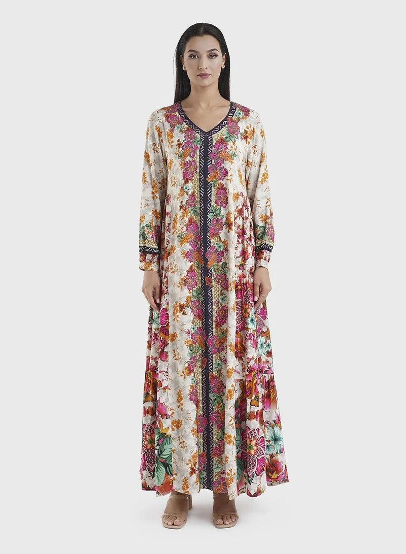 كشخة Viscose Beige Floral Tiered Jalabiya (VDU858)