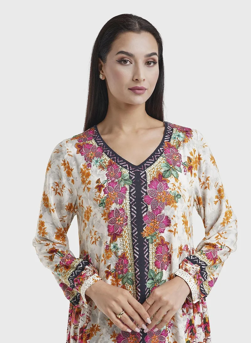 كشخة Viscose Beige Floral Tiered Jalabiya (VDU858)