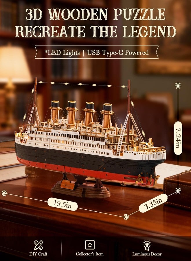 Rolife 3D Wooden Puzzles for Adults-Titanic Model Kit with LED Lights- DIY Ship Building Kit for Home Desk Decor- Brain Teaser Gifts for Puzzle Lovers & Maritime Collectors - Image 2