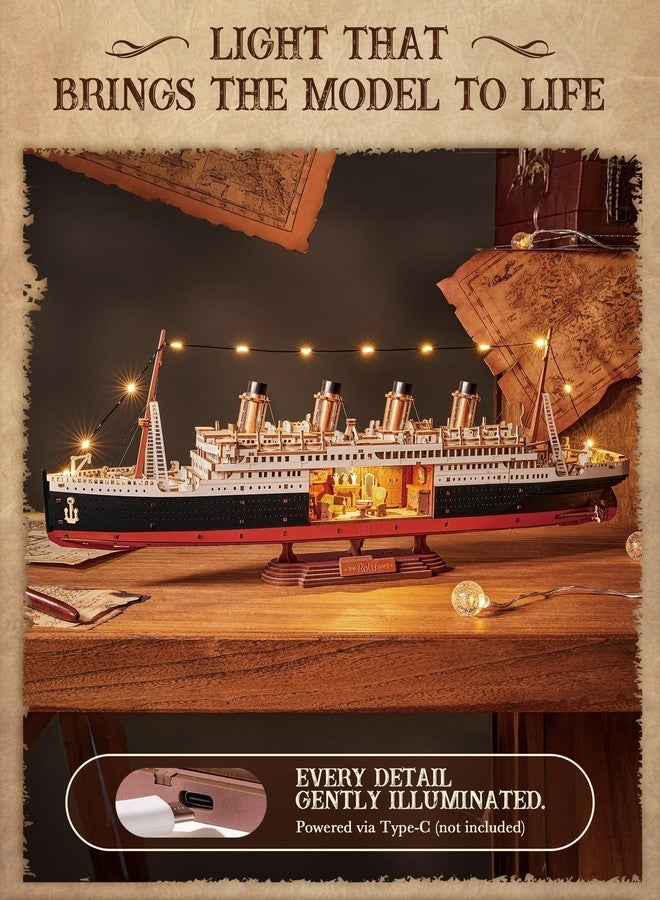 Rolife 3D Wooden Puzzles for Adults-Titanic Model Kit with LED Lights- DIY Ship Building Kit for Home Desk Decor- Brain Teaser Gifts for Puzzle Lovers & Maritime Collectors - Image 3