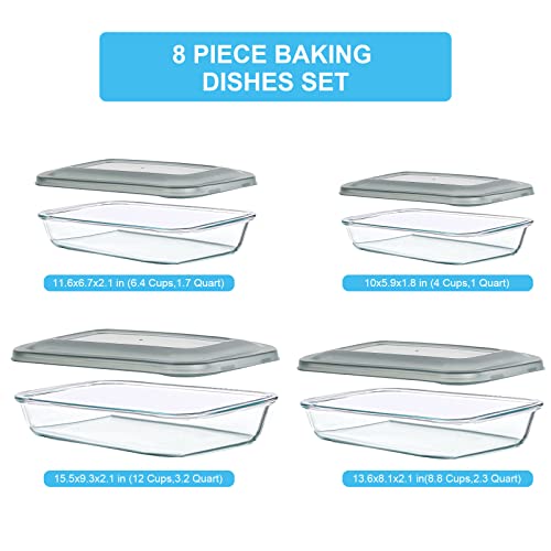 KOMUEE 8 Pieces Glass Baking Dish with Lids Rectangular Glass Baking Pan Bakeware Set with Lids, Baking Pans for Lasagna, Leftovers, Cooking, Kitchen, Fridge-to-Oven, Gray - Image 2