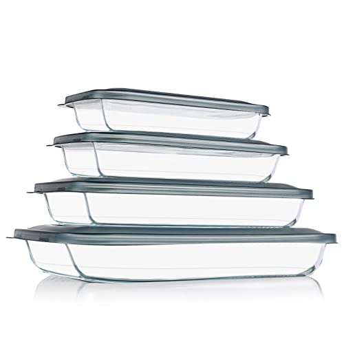KOMUEE 8 Pieces Glass Baking Dish with Lids Rectangular Glass Baking Pan Bakeware Set with Lids, Baking Pans for Lasagna, Leftovers, Cooking, Kitchen, Fridge-to-Oven, Gray - Image 1