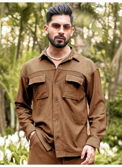 Maniac Mens Solid Collared Neck Full Sleeve Brown Knitted Shirt  - Image 1