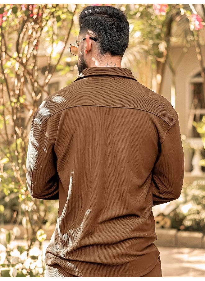 Maniac Mens Solid Collared Neck Full Sleeve Brown Knitted Shirt  - Image 3