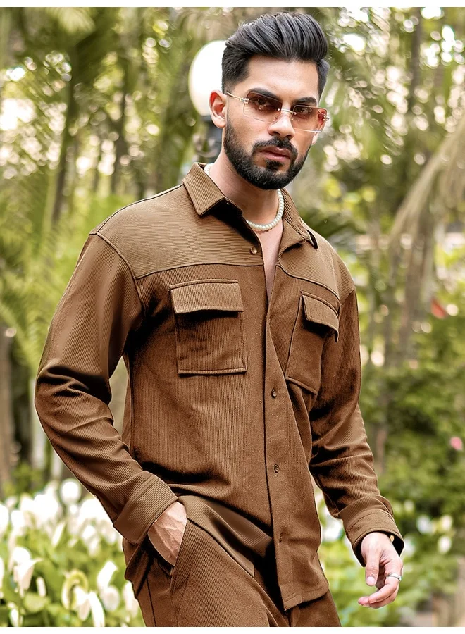 Maniac Mens Solid Collared Neck Full Sleeve Brown Knitted Shirt