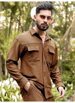 Maniac Mens Solid Collared Neck Full Sleeve Brown Knitted Shirt  - Image 4