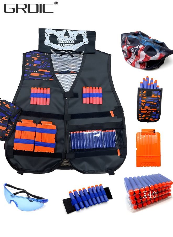GROIC Kids Tactical Vest Kit for Nerf Gun N-Strike Elite Series, Vest for Nerf Series with Refill Darts, Dart Pouch, Reload Clip, Tactical Mask, Wrist Band and Protective Glasses,Tactical vest suit  - Image 1