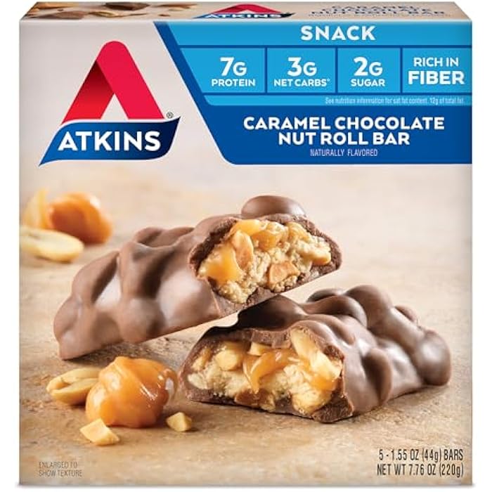 Atkins بار وجبة خفيفة من الشوكولاتة الكراميل والمكسرات من أتكينز، وجبة خفيفة غنية بالبروتين، عالية بالألياف، 2 جرام سكر، 5 قطع - Image 1