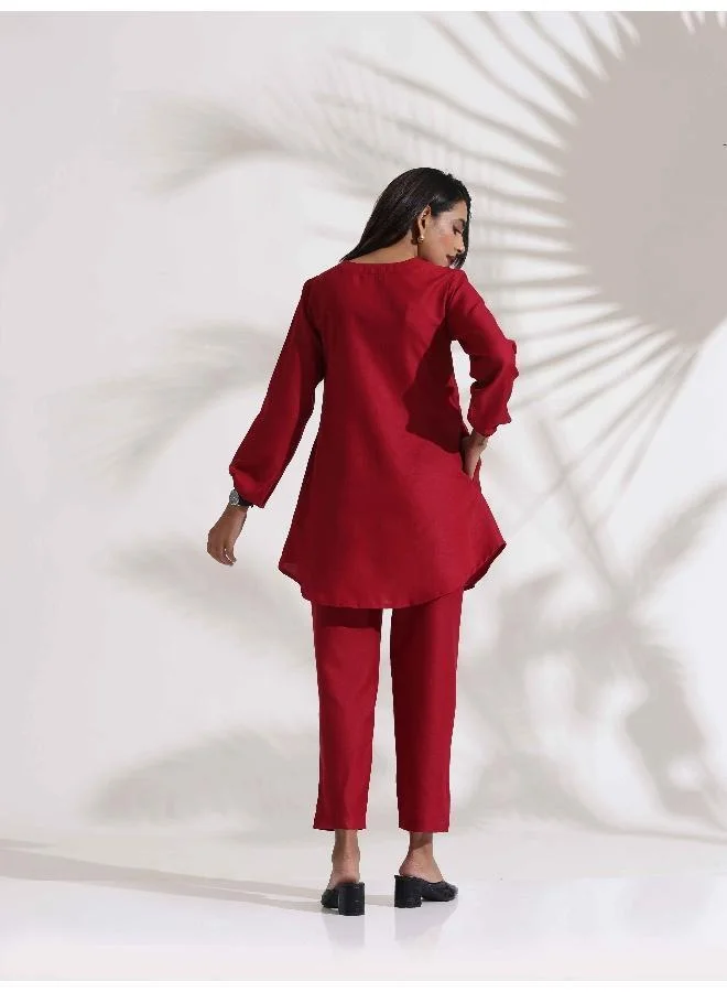 trueBrowns Maroon Slub Co-ord Set