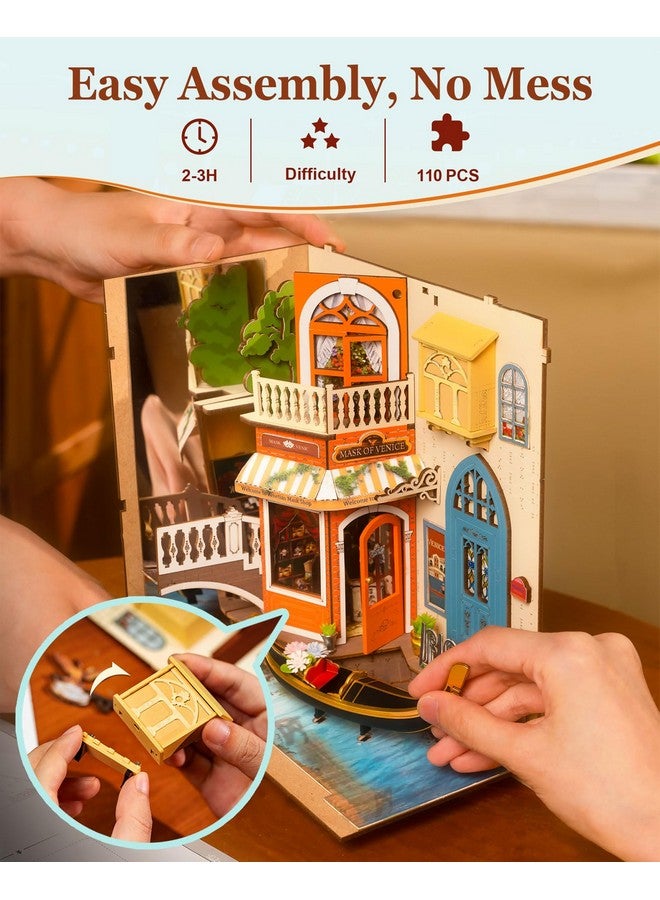 رولايف مجموعة ركن الكتب DIY للكبار - أحجية خشبية ثلاثية الأبعاد - رف كتب - مجموعة مصغرة - هدايا للأولاد والبنات (فينيسيا الرومانسية) - Image 4