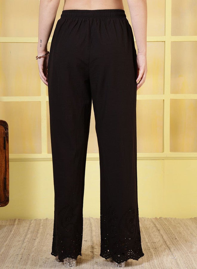 Rue Collection سروال بارالل مرتفع الخصر مزخرف باللون الأسود للنساء - Image 4