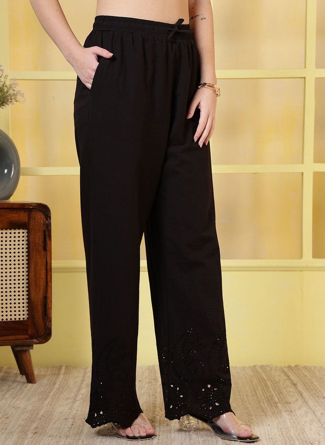 Rue Collection سروال بارالل مرتفع الخصر مزخرف باللون الأسود للنساء - Image 2