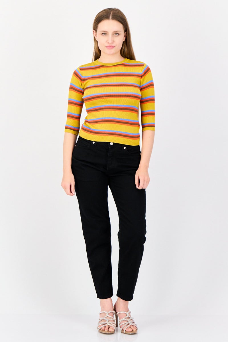 ONLY Women Crew Neck 3/4 Sleeves Yarn Dyed Top, Multicolor - Image 4