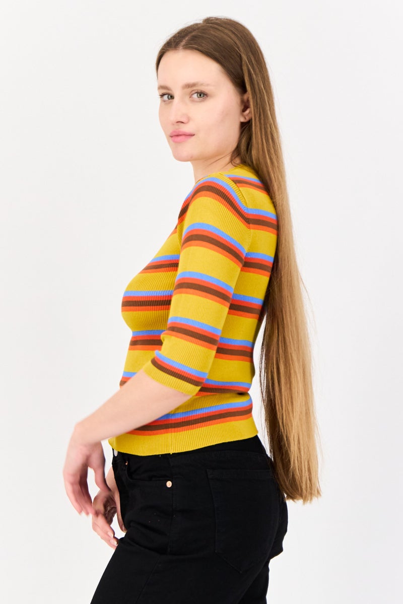 ONLY Women Crew Neck 3/4 Sleeves Yarn Dyed Top, Multicolor - Image 2