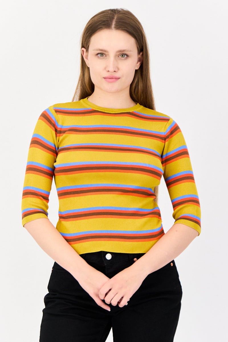 ONLY Women Crew Neck 3/4 Sleeves Yarn Dyed Top, Multicolor - Image 1