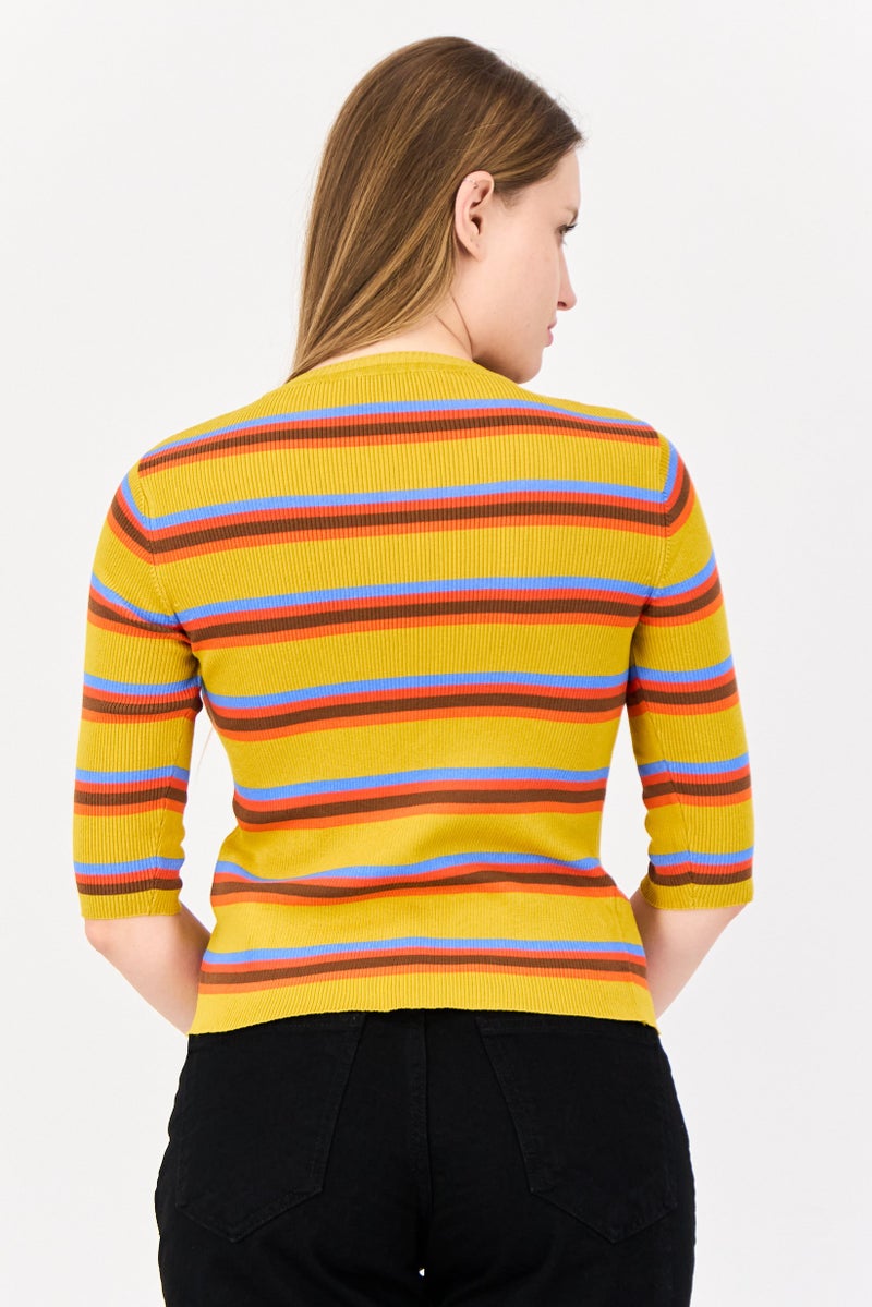 ONLY Women Crew Neck 3/4 Sleeves Yarn Dyed Top, Multicolor - Image 3