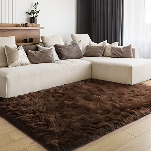 LOCHAS Soft Fluffy Faux Fur Rugs for Bedroom Bedside Rug 3x5 Feet, Washable, Furry Sheepskin Area Rug for Living Room Girls Room, Luxury Shag Carpet Home Decor, Brown - Image 3