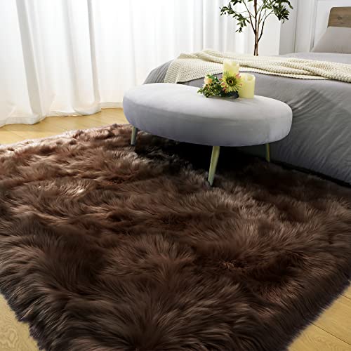 LOCHAS Soft Fluffy Faux Fur Rugs for Bedroom Bedside Rug 3x5 Feet, Washable, Furry Sheepskin Area Rug for Living Room Girls Room, Luxury Shag Carpet Home Decor, Brown - Image 4