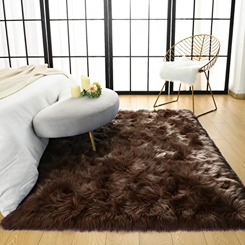 LOCHAS Soft Fluffy Faux Fur Rugs for Bedroom Bedside Rug 3x5 Feet, Washable, Furry Sheepskin Area Rug for Living Room Girls Room, Luxury Shag Carpet Home Decor, Brown - Image 2