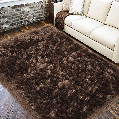 LOCHAS Soft Fluffy Faux Fur Rugs for Bedroom Bedside Rug 3x5 Feet, Washable, Furry Sheepskin Area Rug for Living Room Girls Room, Luxury Shag Carpet Home Decor, Brown - Image 1