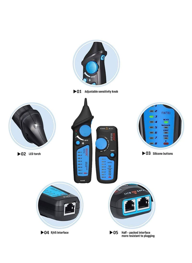 Network Cable Tester, RJ11 RJ45 Line Finder, Wire Tracker Multifunction with Probe, Ethernet LAN Network Cable Maintenance Collation, Telephone Line Test