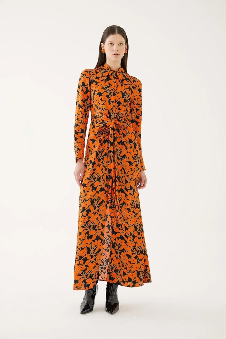EXQUISE Belted Orange Floral Shirt Dress