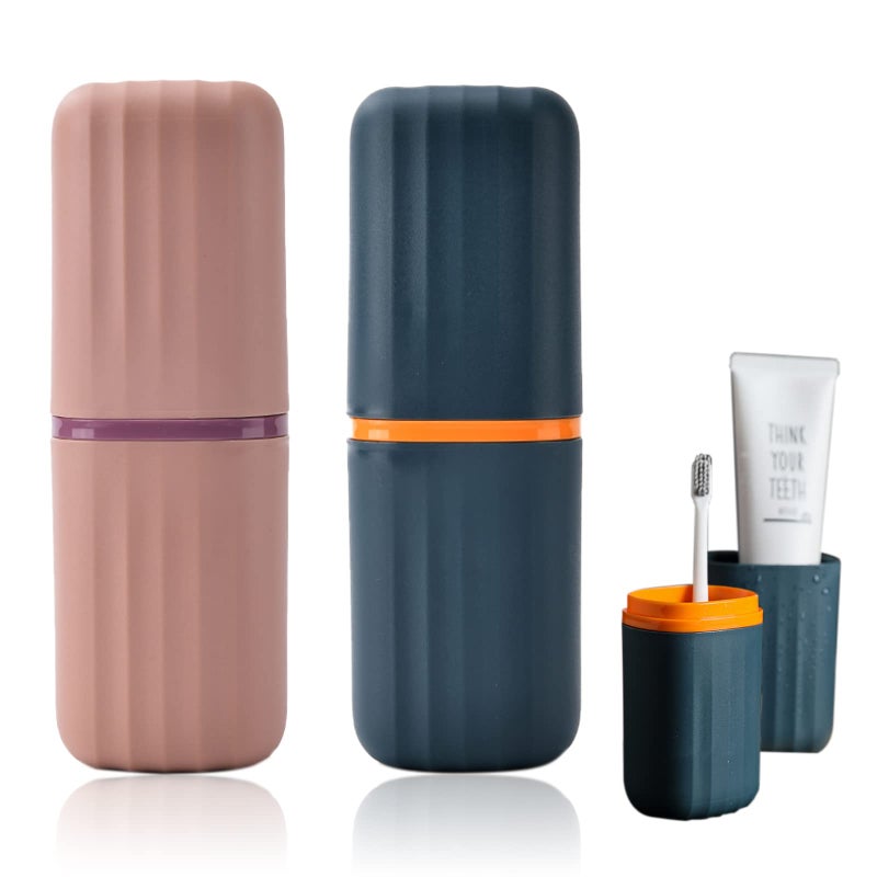Sunenlyst 2Pcs Travel Toothbrush Cup Case, Portable Toothbrush Holder Case for Traveling, Camping, Business Trip and School, Plastic Toothbrushes Toothpaste Set with Two Colors (Navy blue and Lotus color) - Image 1