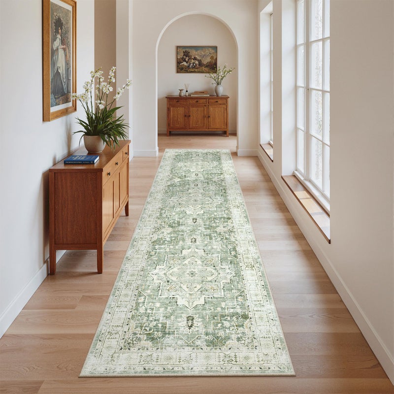 Madane Runner Rug 2x8, Washable Hallway Runner Rugs, Non-Slip Low-Pile Soft Kitchen Rug Runner Laundry Room Rug, Vintage Throw Entry Foyer Mat for Entrance Living Room (Green/Ivory, 2 x 8) - Image 2