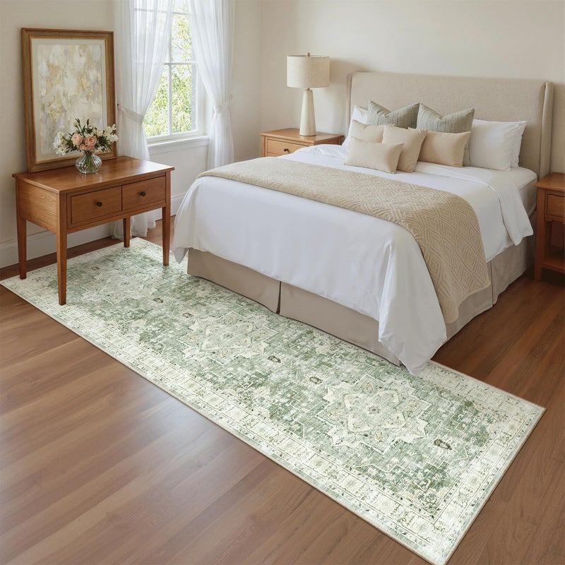 Madane Runner Rug 2x8, Washable Hallway Runner Rugs, Non-Slip Low-Pile Soft Kitchen Rug Runner Laundry Room Rug, Vintage Throw Entry Foyer Mat for Entrance Living Room (Green/Ivory, 2 x 8) - Image 3