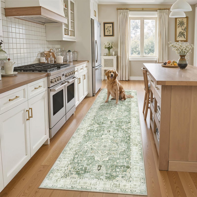 Madane Runner Rug 2x8, Washable Hallway Runner Rugs, Non-Slip Low-Pile Soft Kitchen Rug Runner Laundry Room Rug, Vintage Throw Entry Foyer Mat for Entrance Living Room (Green/Ivory, 2 x 8) - Image 1