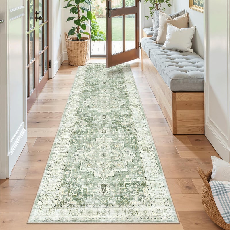 Madane Runner Rug 2x8, Washable Hallway Runner Rugs, Non-Slip Low-Pile Soft Kitchen Rug Runner Laundry Room Rug, Vintage Throw Entry Foyer Mat for Entrance Living Room (Green/Ivory, 2 x 8) - Image 4