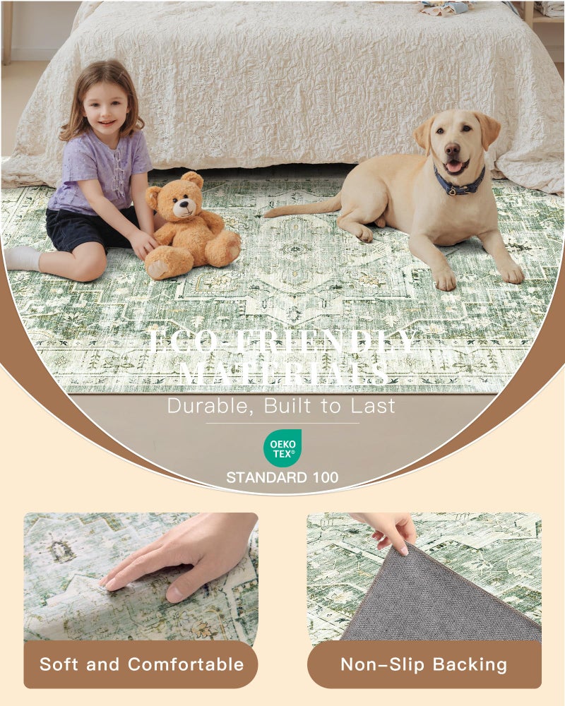 Madane Runner Rug 2x8, Washable Hallway Runner Rugs, Non-Slip Low-Pile Soft Kitchen Rug Runner Laundry Room Rug, Vintage Throw Entry Foyer Mat for Entrance Living Room (Green/Ivory, 2 x 8) - Image 5