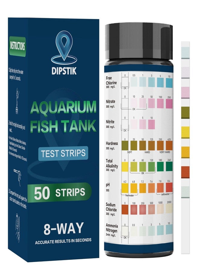DIPSTIK Aquarium Ammonia Test Strips, 8-Way Aquarium Test Kit for Freshwater Saltwater,50 Strips Fish Tank Pond Test Strips,Test Nitrate, Nitrite, Chlorine,Hardness,Alkalinity, Carbonate, Ph - Image 1