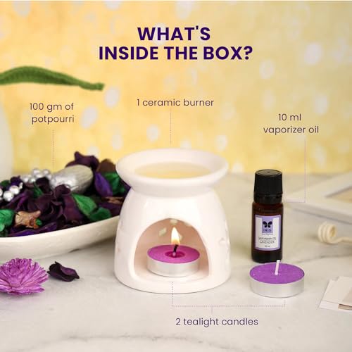 IRIS Fragrance Giftset, Lavender, Sweet Floral Fragrance, Elegant, Fragrances for Fine Living, 1 Ceramic Burner, 10 ml Vaporizer Oil, 2 Tealights, 100 gm Potpourri - Image 2