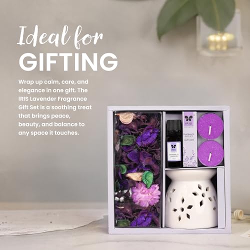 IRIS Fragrance Giftset, Lavender, Sweet Floral Fragrance, Elegant, Fragrances for Fine Living, 1 Ceramic Burner, 10 ml Vaporizer Oil, 2 Tealights, 100 gm Potpourri - Image 3