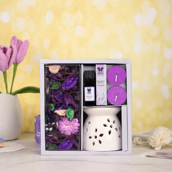 IRIS Fragrance Giftset, Lavender, Sweet Floral Fragrance, Elegant, Fragrances for Fine Living, 1 Ceramic Burner, 10 ml Vaporizer Oil, 2 Tealights, 100 gm Potpourri - Image 1