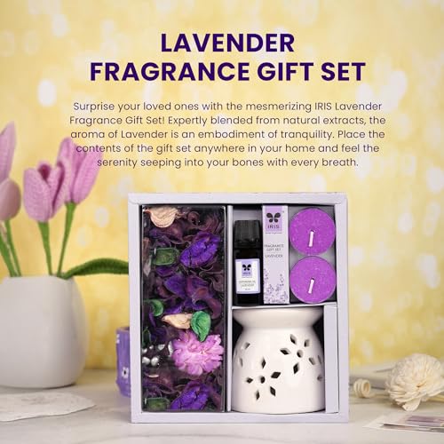 IRIS Fragrance Giftset, Lavender, Sweet Floral Fragrance, Elegant, Fragrances for Fine Living, 1 Ceramic Burner, 10 ml Vaporizer Oil, 2 Tealights, 100 gm Potpourri - Image 4