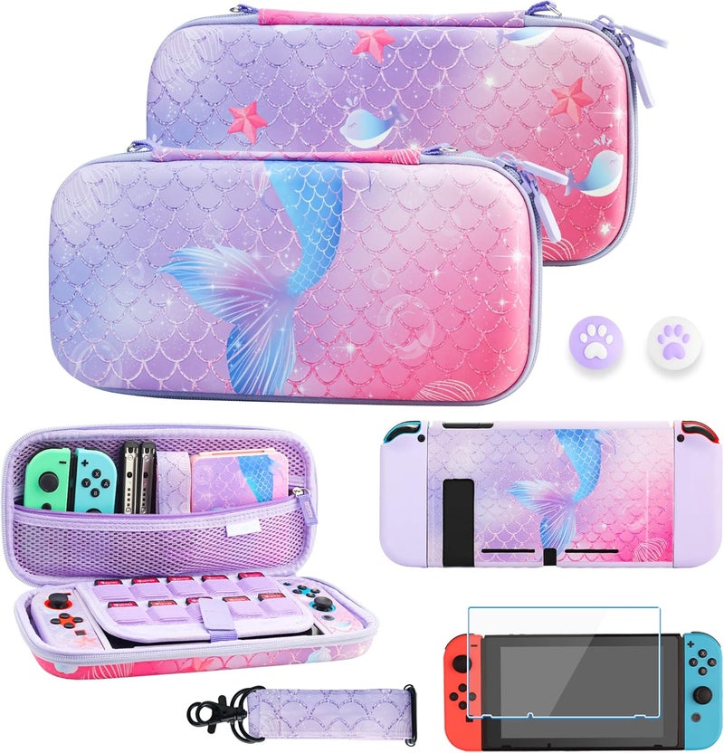 GLDRAM Mermaid Tail Carrying Case Compatible with Nintendo Switch, Purple Case Bundle with Travel Case, Hard PC Shell, Screen Protector, Thumb Caps, Shoulder Strap, Cute Accessories Kit for Girls - Image 1