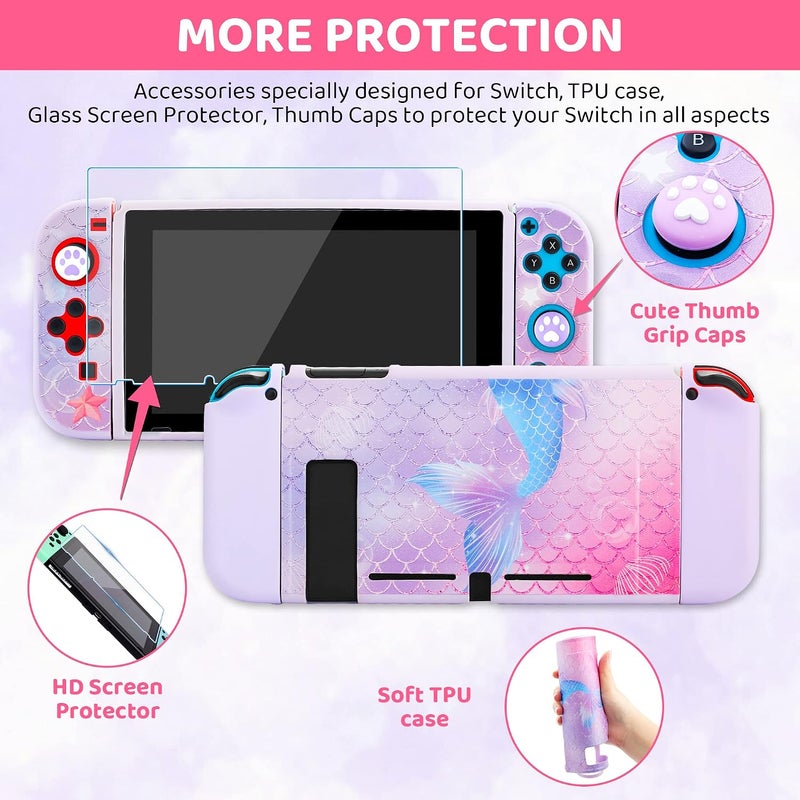 GLDRAM Mermaid Tail Carrying Case Compatible with Nintendo Switch, Purple Case Bundle with Travel Case, Hard PC Shell, Screen Protector, Thumb Caps, Shoulder Strap, Cute Accessories Kit for Girls - Image 4