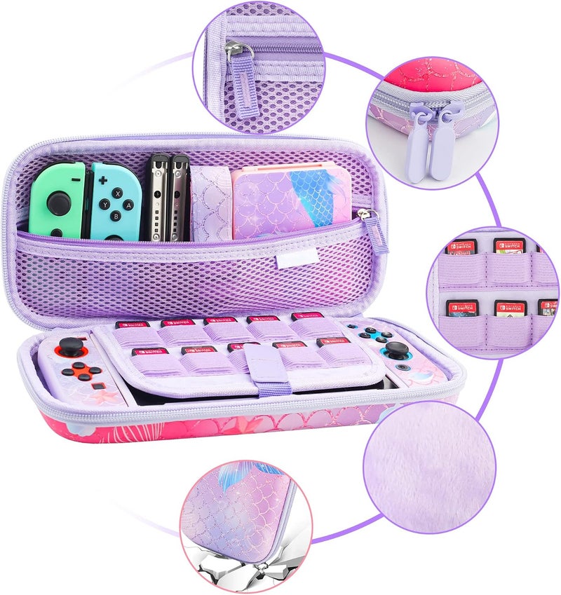 GLDRAM Mermaid Tail Carrying Case Compatible with Nintendo Switch, Purple Case Bundle with Travel Case, Hard PC Shell, Screen Protector, Thumb Caps, Shoulder Strap, Cute Accessories Kit for Girls - Image 2