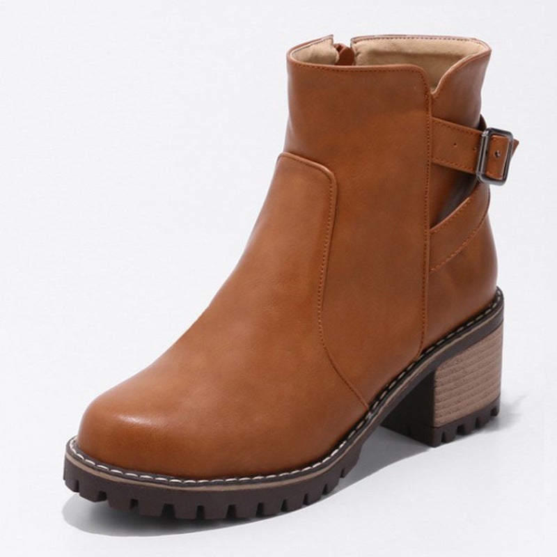 2021 New Student Boots Belt Buckle Round Head Thick Heel Short Boots Women'S High Heel Martin Boots Women'S Boots Large Size - Image 2