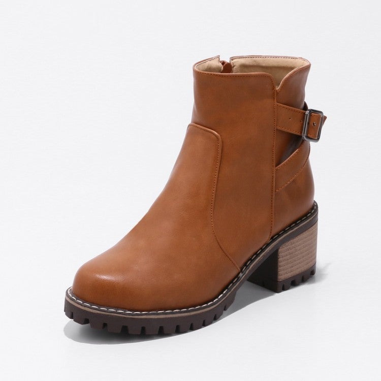 2021 New Student Boots Belt Buckle Round Head Thick Heel Short Boots Women'S High Heel Martin Boots Women'S Boots Large Size - Image 3