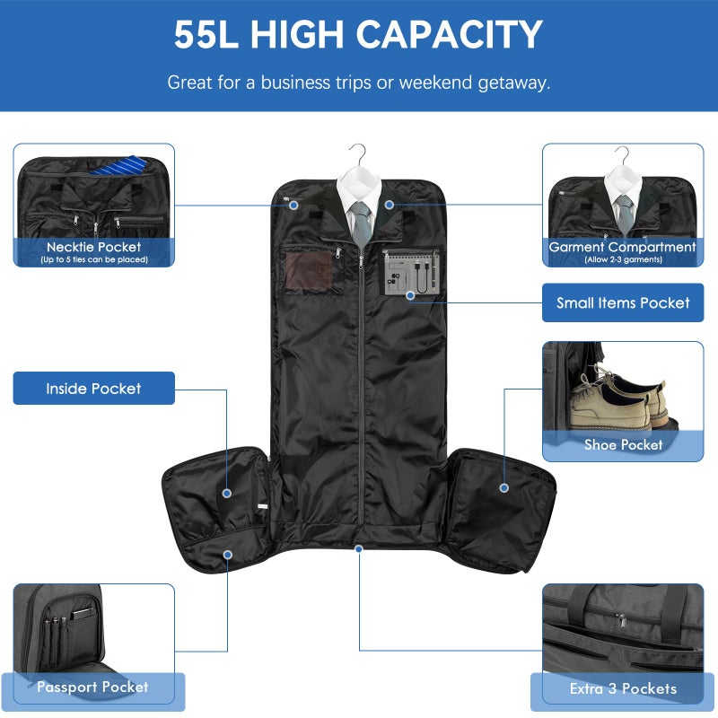 Bukere Garment Duffle Bags for Travel, Bukere Convertible Carry on Garment Duffel Bag for Men Women, Shoe Compartment, 2 in 1 Hanging Dress Suitcase Suit Travel Bags, Midnight Grey - Image 4