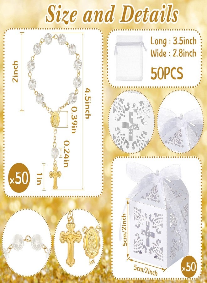 Bonuci 50 Packs Baptism Favors Set Includes Ivory Acrylic Rosary Beads Faux Pearls White Organza Bags with Drawstring Recuerdo De Boda Y Bautizo for Christening Wedding Supplies (Gold Bracelet) - Image 2