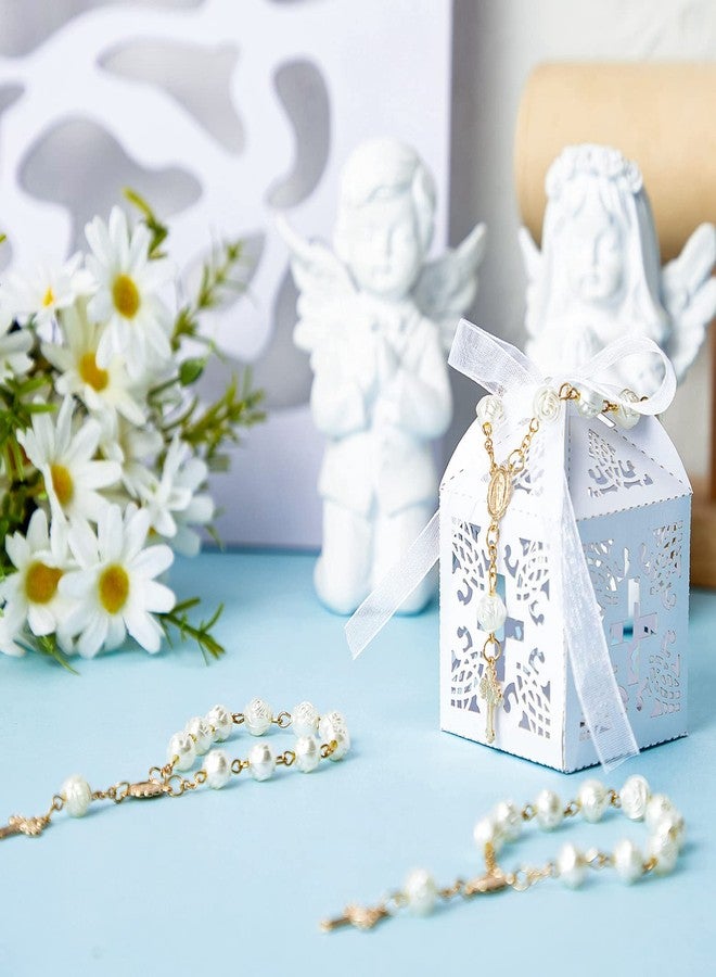 Bonuci 50 Packs Baptism Favors Set Includes Ivory Acrylic Rosary Beads Faux Pearls White Organza Bags with Drawstring Recuerdo De Boda Y Bautizo for Christening Wedding Supplies (Gold Bracelet) - Image 4