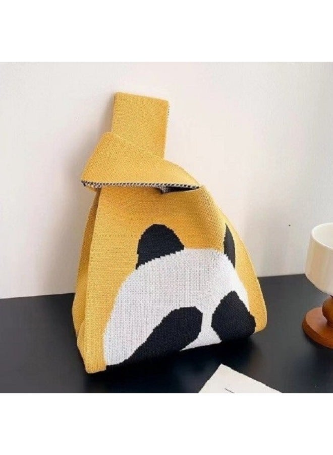 Ins Cute Handbag Women's Bag All-match Hand Carrying Casual Panda Knitted Bag Bucket Bag Tote Bag Lunch Box Bag-Color:Face Covering Bear Blue  - Image 5