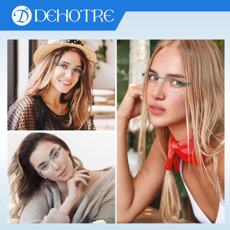 DEHOTRE نظارات قراءة ثنائية البؤرة من DEHOTRE للنساء شفافة بدون حافة نصف معدنية زرقاء اللون تحجب قارئات الكمبيوتر وسادة أنف ناعمة باللون الأزرق 2.50 - Image 5