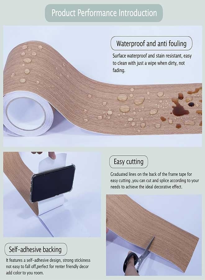 رَوَائِد ديكور حدود الجدران بنقشة خشب الساج، PVC قابل للإزالة ومقاوم للماء، لاصق ذاتيًا، مناسب لإطارات الأبواب والنوافذ والمرايا والبلاط في الحمام، لتزيين الحواف والورق الجدراني، بمقاس 3.96 إنش × 393 إنش. - Image 3