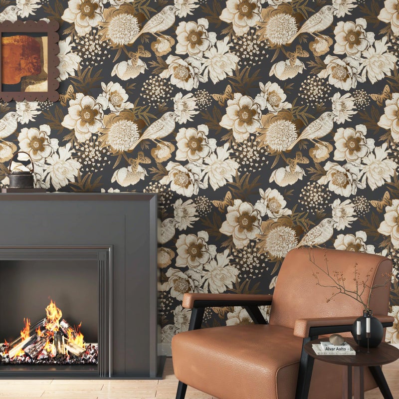 Wallercity Golden/Black Peony Peel and Stick Floral Wallpaper Vintage Floral Contact Paper for Cabinets and Drawers Vinyl Self Adhesive Removable Vintage Wallpaper for Bedroom Shelf Liner 17.5''x102'' - Image 3